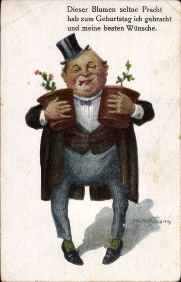 Künstler Ak Hoffmann, Ad., Mann mit Blumentöpfen, Kaktus, Zylinder