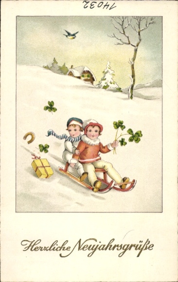 Ak Glückwunsch Neujahr, Kleeblätter, Kinder, Schlitten