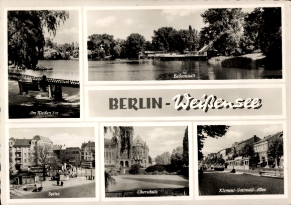Ak Berlin Weißensee, Am Weißen See, Badeanstalt, Spitze, Oberschule, Klement Gottwald Allee