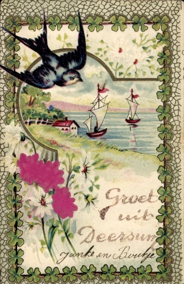 Präge Passepartout Material Ak Schwalbe, Segelboote, Glücksklee, Blumen