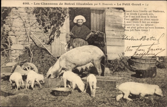 Ak Chansons de Botrel, Le Petit Goret, Bäuerin, Schwein, Ferkel