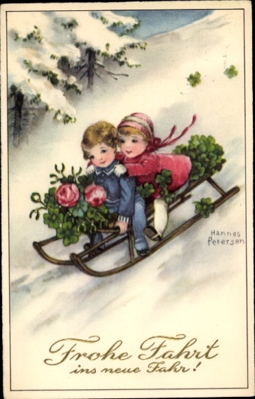 Künstler Ak Petersen, H., Glückwunsch Neujahr, Kinder fahren Schlitten