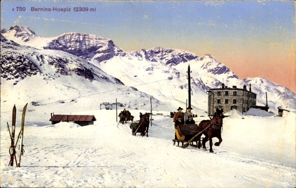 Ak Poschiavo Kanton Graubünden, Bernina Hospiz, Winter, Pferdeschlitten