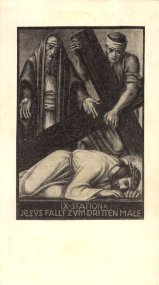 Künstler Ak 9. Station des Kreuzweges, Jesus fällt zum dritten Mal unter dem Kreuz