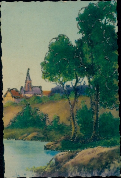 Glitzer Ak Bäume am See, Häuser