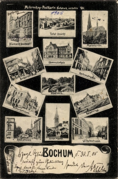 Ak Bochum im Ruhrgebiet, Bismarck-Denkmal, Marienkirche, Oberrealschule, Kortumstraße, Markt