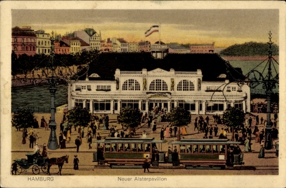 Ak Hamburg Mitte Neustadt, Alsterpavillon, Straßenbahn, Kutsche