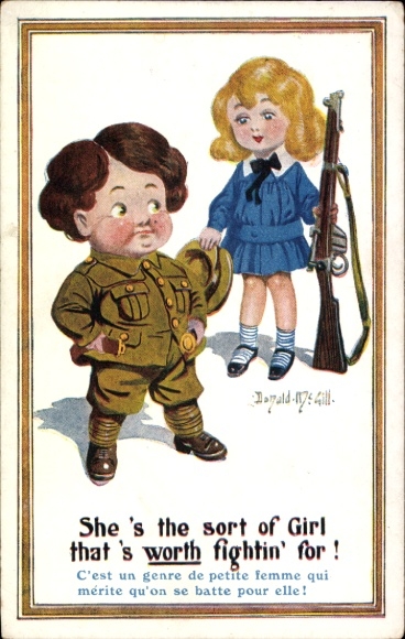 Künstler Ak McGill, D., Junge in Uniform, Mädchen mit Gewehr