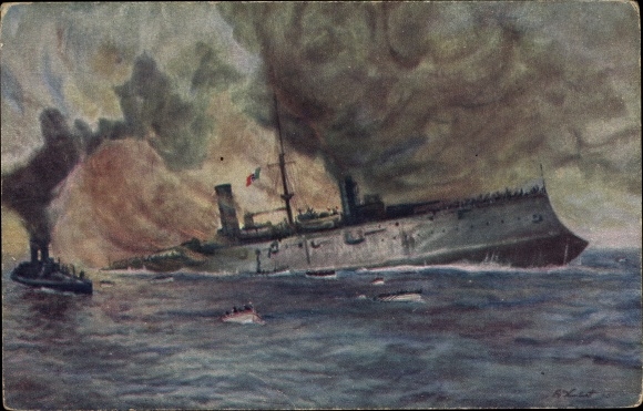 Künstler Ak Hubert, A., Italienisches Kriegsschiff, Panzerkreuzer Giuseppe Garibaldi, Untergang