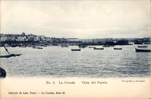 Ak La Coruña Galicien, blick auf den Hafen, viele Boote, Stadtansicht, fotografiert von J. Gon...