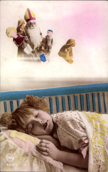 Ak Glückwunsch Weihnachten, Mädchen träumt vom Weihnachtsmann und Geschenken