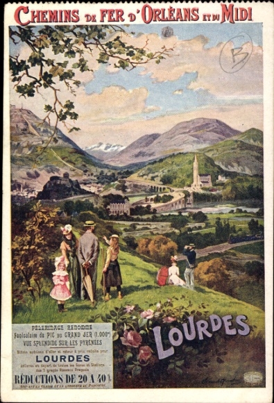 Künstler Ak Lourdes Hautes Pyrénées, Reklame französische Eisenbahn von Orleans und Midi
