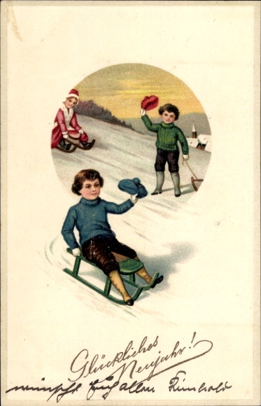 Litho Glückwunsch Neujahr, Kinder, Schlitten