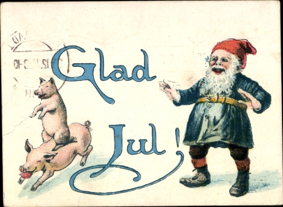 Künstler Ak Nyström, Jenny, Frohe Weihnachten, Zwerg, Schwein reitet auf einem anderen Schwein