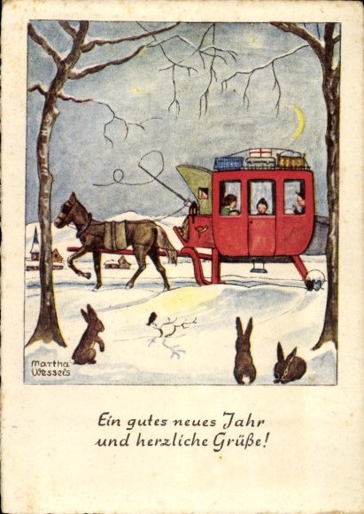 Künstler Ak Wessels, Martha, Glückwunsch Neujahr, Schlittengespann