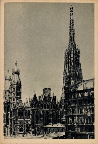 Ak Wien 1 Innere Stadt, Stephansdom in  Außenansicht, hoher Turm,  Daten