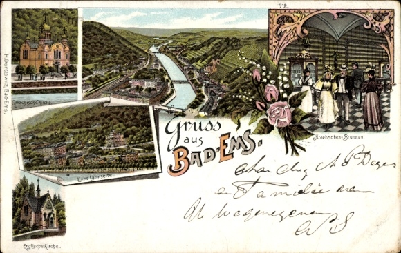 Litho Bad Ems an der Lahn, Gesamtansicht, Englische Kirche, Griechische Kirche