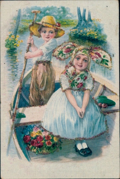 Glitzer Ak Kinder in Spreewälder Tracht, Ruderboot, Blumen