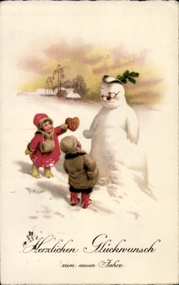 Ak Glückwunsch Neujahr, Schneemann, Kinder mit Lebkuchenherz