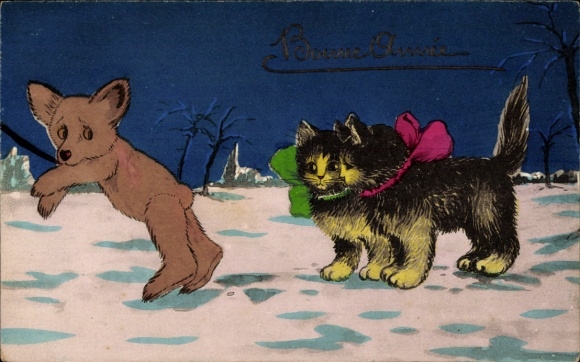 Ak Fröhliches Neujahr, zwei Katzen, Hund an einer Leine