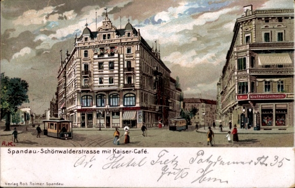 Künstler Ak Berlin Spandau, Schönwalder Straße mit Kaisercafé