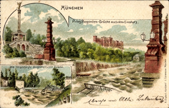 Litho Bogenhausen München, eingestürzte Bogenhausener Brücke, Prinzregentenbrücke nach Einsturz