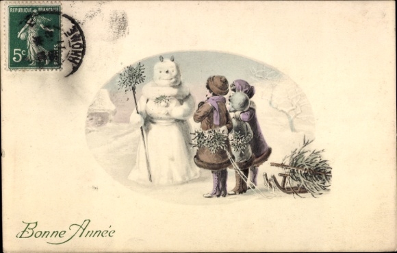 Litho Fröhliches Neujahr, Schneemann, Kinder mit Schlitten, Tannenbaum, Mistelzweige