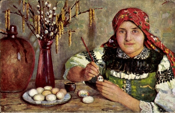 Künstler Ak Šindelář, F., Glückwunsch Ostern, Ostereier, Frau in Tracht