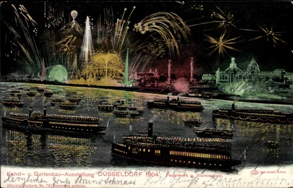 Ak Düsseldorf am Rhein, Kunstausstellung, Gartenausstellung, Feuerwerk, Ilumination, Schiffe, Nacht