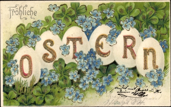 Präge Ak Glückwunsch Ostern, Ostereier, Kleeblätter, Vergissmeinnicht