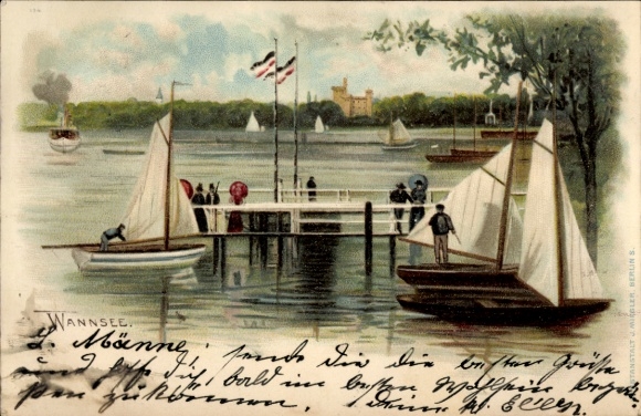 Litho Berlin Zehlendorf Wannsee, Bootssteg, Segelboote