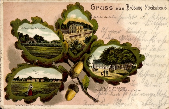 Eichenblatt Litho Brösang Doberschau Gaußig Oberlausitz, Gasthof Brösang, Bahnhof Seitschen