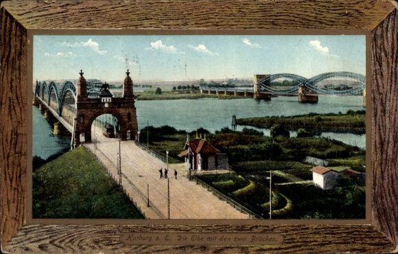 Ak Hamburg Harburg, Elbe mit den zwei Brücken