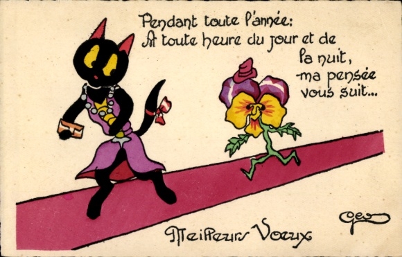 Künstler Ak Glückwunsch, vermenschlichte Katze und vermenschlichtes Stiefmütterchen