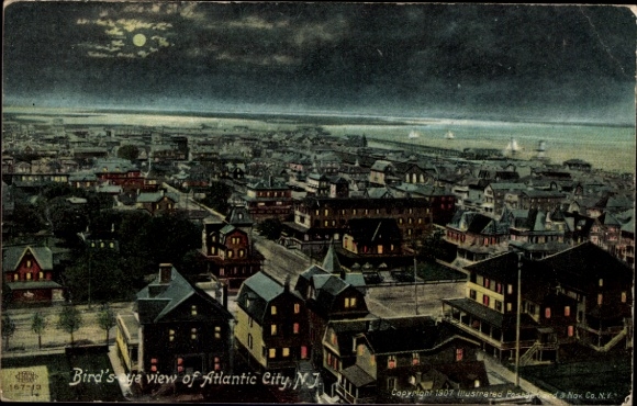 Ak Atlantic City New Jersey USA, Vogelperspektive auf Atlantic City, Nachtansicht, Häuser, Mond