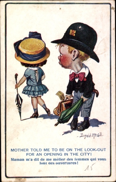 Künstler Ak McGill, D., Mann mit Koffer und Regenschirm, Mädchen, Abschied