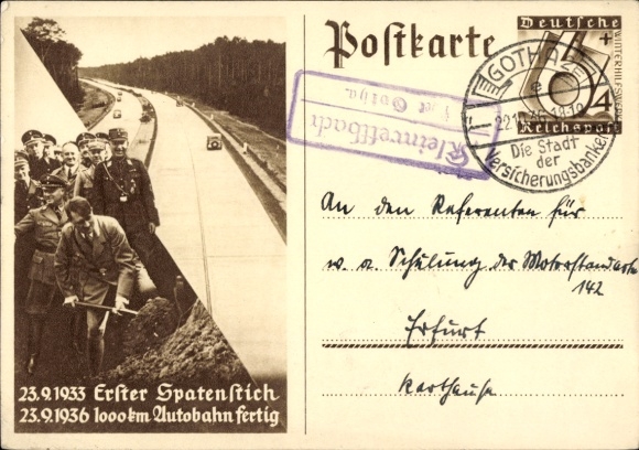 Ganzsachen Ak Adolf Hitler, Bau der Reichs-Autobahn, Erster Spatenstich 23.9.1933