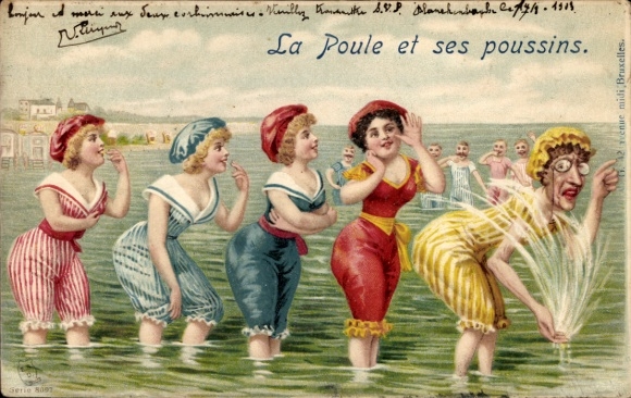 Litho Frauen im Wasser, Bademode, Badeanzüge