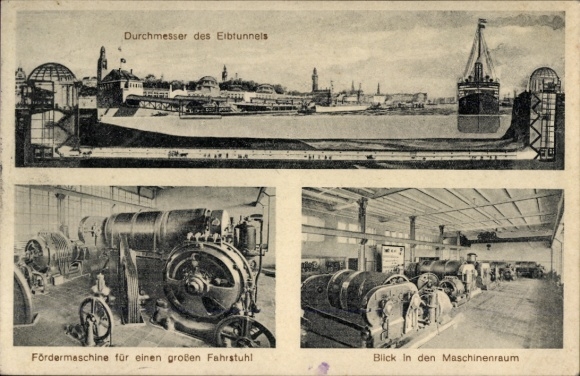 Ak Hamburg Mitte St. Pauli, Elbtunnel, Fördermaschine für einen großen Fahrstuhl, Maschinenraum