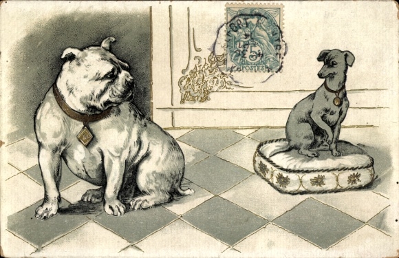 Litho Zwei Hunde, Bulldogge, Terrier auf einem Kissen