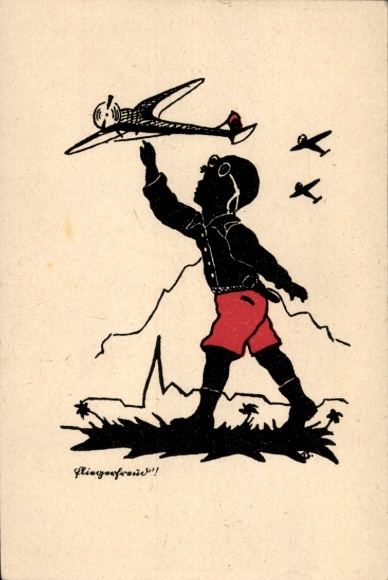 Scherenschnitt Ak Fliegerfreud, Kind mit Spielzeugflugzeug