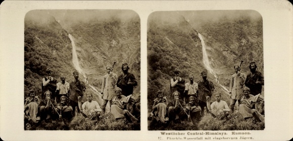 Stereo Foto Kumaon Himalaya Indien, Pharkia-Wasserfall, eingeborene Jäger