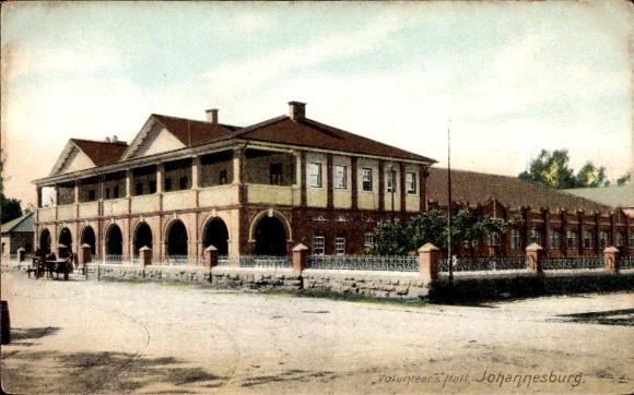 Ak Johannesburg Südafrika, Volunteers Hall, Gebäude mit Arkaden, Pferdewagen