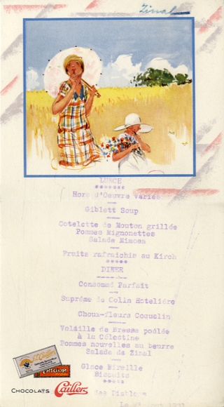 Menükarte, F.L. Caillers, Swiss Milk Chocolate, 27. August 1931