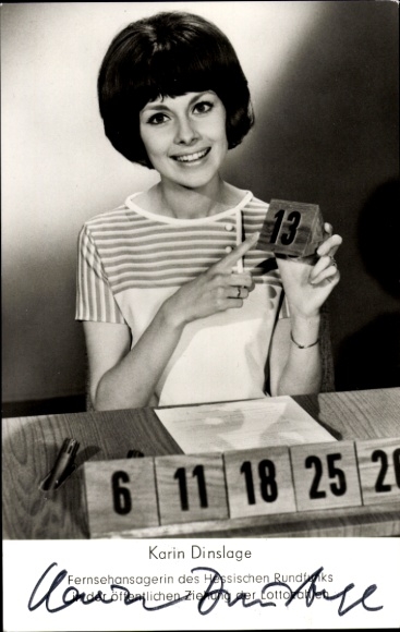 Ak Fernsehansagerin Karin Dinslage, Hessischer Rundfunk, Ziehung der Lottozahlen, Autogramm
