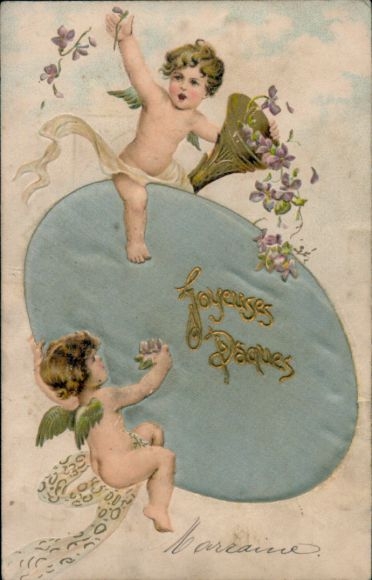 Stoff Ak Frohe Ostern, Osterei, Engel, Füllhorn, Veilchen