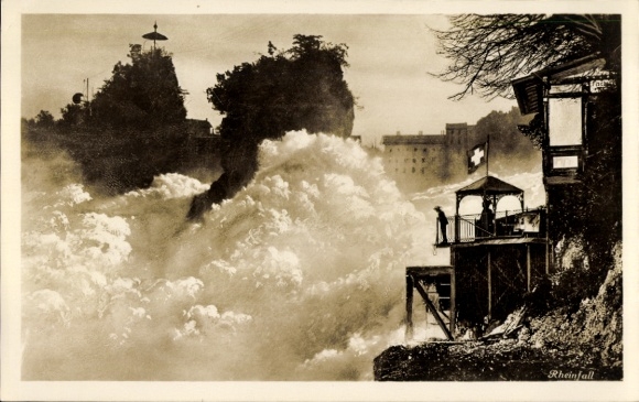 Ak Rheinfall Kanton Schaffhausen,  Wasserfall, Schweizer Flagge, Aussichtspunkt
