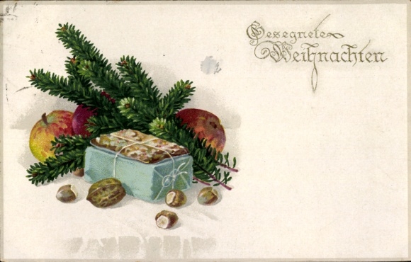 Litho Frohe Weihnachten, Tannenzweig, Äpfel