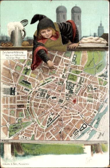 Stadtplan Litho München, Weg zum Hofbräuhaus, Münchner Kindl, Frauenkirche