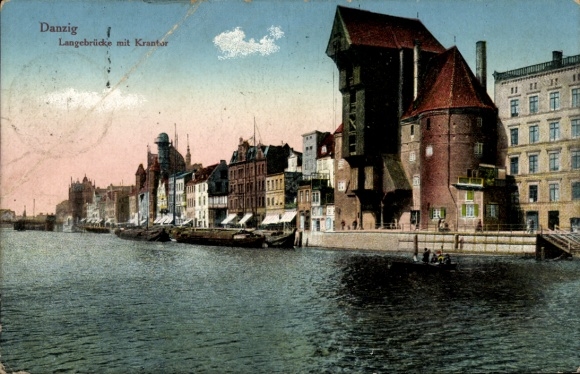 Ak Gdańsk Danzig,  Langebrücke, Krantor, Hafenansicht